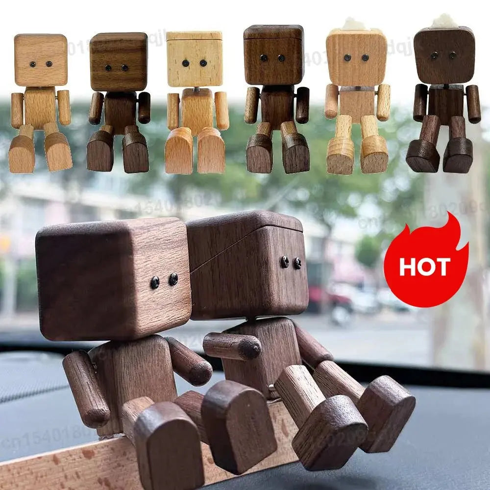 Shaking Wooden Man Figurine Magnetic Base Car Decoration Small Ornaments Leg-Swinging Robot Figurine Cute Wood Man Car Interior