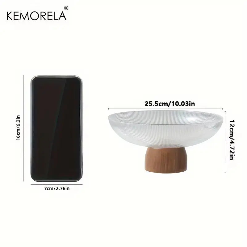 1PCS Glass Fruit Bowl Large Dessert Glass Bowl Wood Pedestal Bowl for Table Décor Fruit Bowl for Kitchen Counter Decor