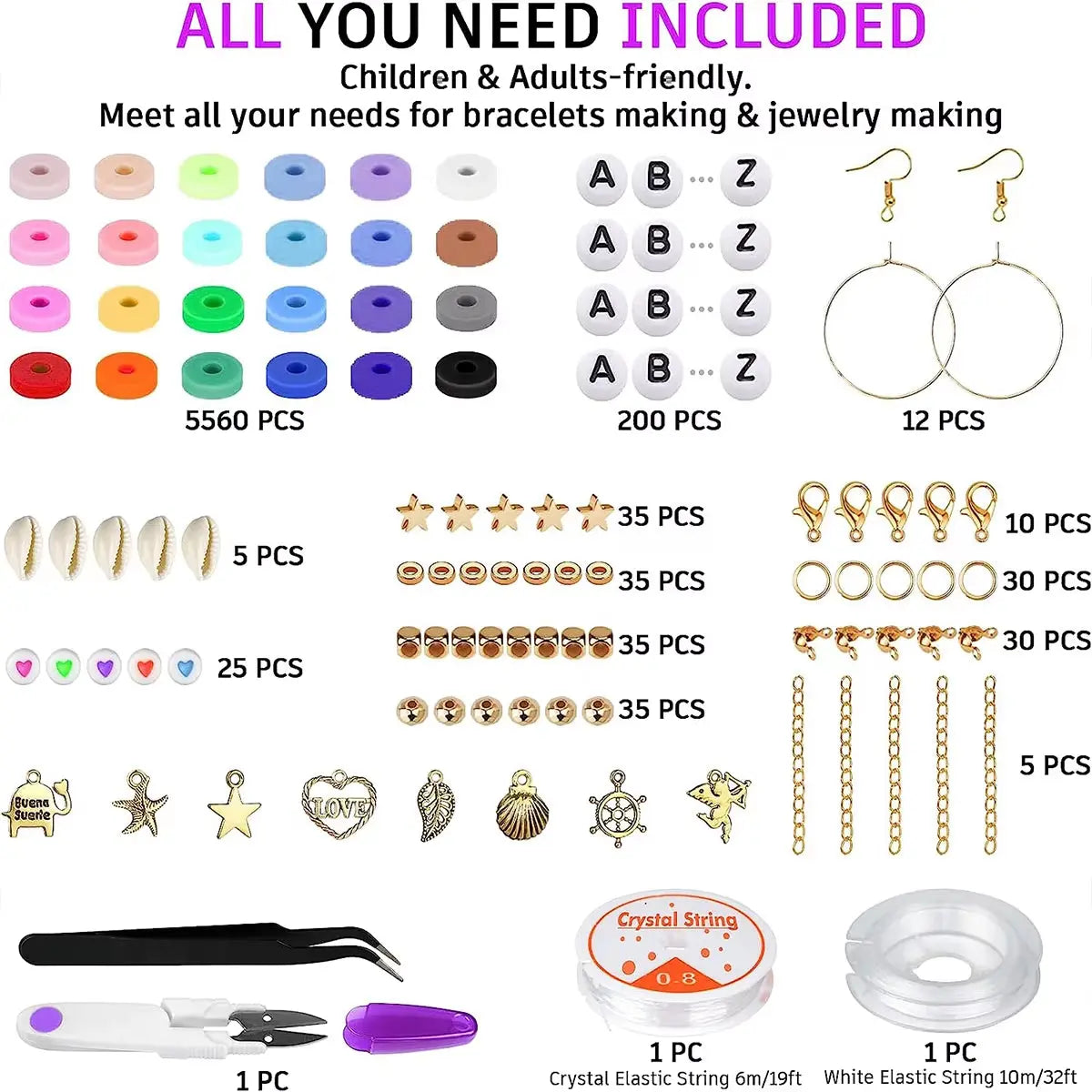 6000 Pcs 24 Colors Flat round Polymer Clay Beads 6Mm Spacer with Pendant Charms Kit and Elastic Strings for Jewelry Making Kit