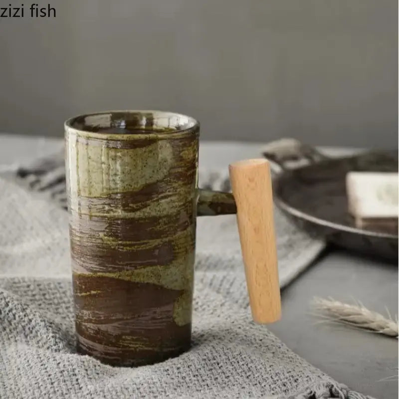 Ceramic Mug with Wooden Handle Coffee Cup Oatmeal Breakfast Cups Couple Water Cups Milk Mug Milk Tea Cup Juice Glasses Tea Mugs