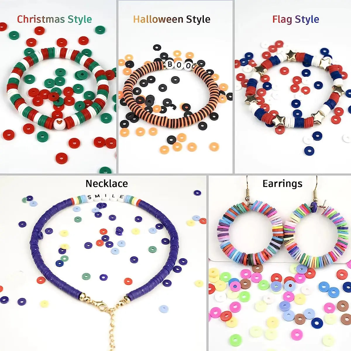 6000 Pcs 24 Colors Flat round Polymer Clay Beads 6Mm Spacer with Pendant Charms Kit and Elastic Strings for Jewelry Making Kit