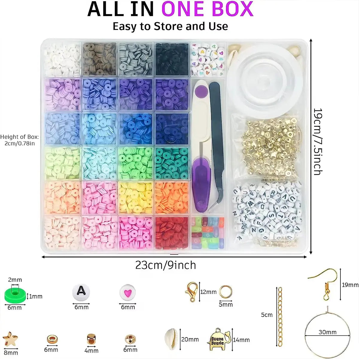 6000 Pcs 24 Colors Flat round Polymer Clay Beads 6Mm Spacer with Pendant Charms Kit and Elastic Strings for Jewelry Making Kit
