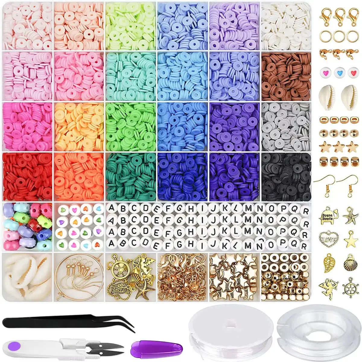 6000 Pcs 24 Colors Flat round Polymer Clay Beads 6Mm Spacer with Pendant Charms Kit and Elastic Strings for Jewelry Making Kit