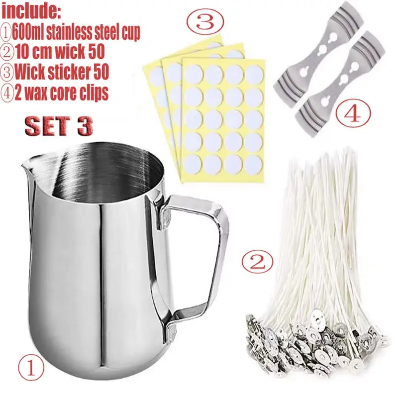 1 Set Candle Making Kit Pouring Pot Wicks Sticker DIY Candle Fixator Craft Tools DIY Handmade Candle Set with Cotton Core Holder